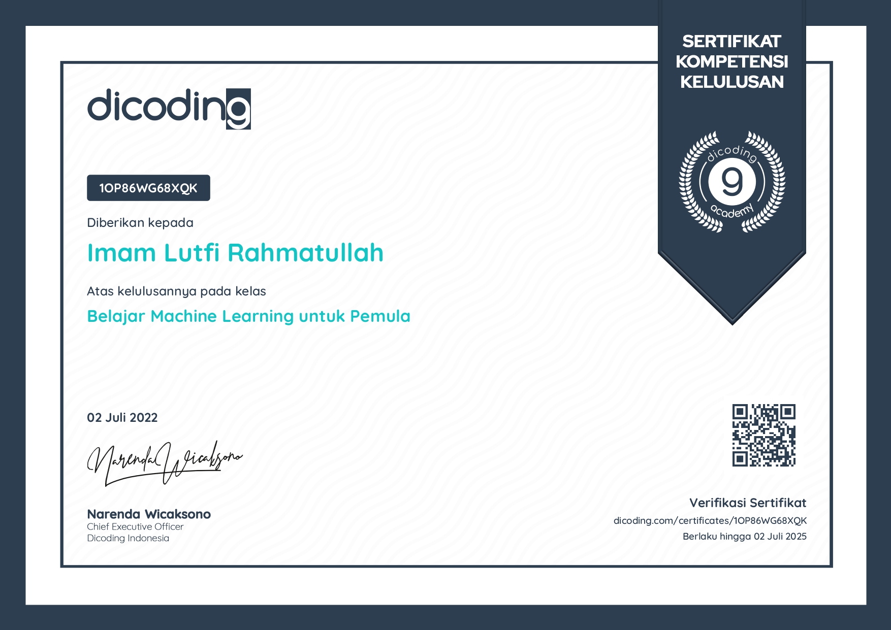 Dicoding machine learning for beginners certificate